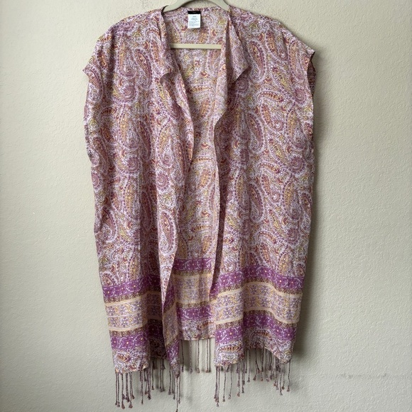 J. Crew Linen Blend Boho Paisley Printed Fringe Trim Beach Poncho Swim Cover Up - Picture 2 of 11